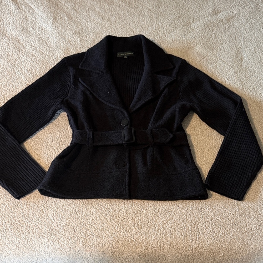 Harve Benard Wool Dark Knit Blazer with Belt Large